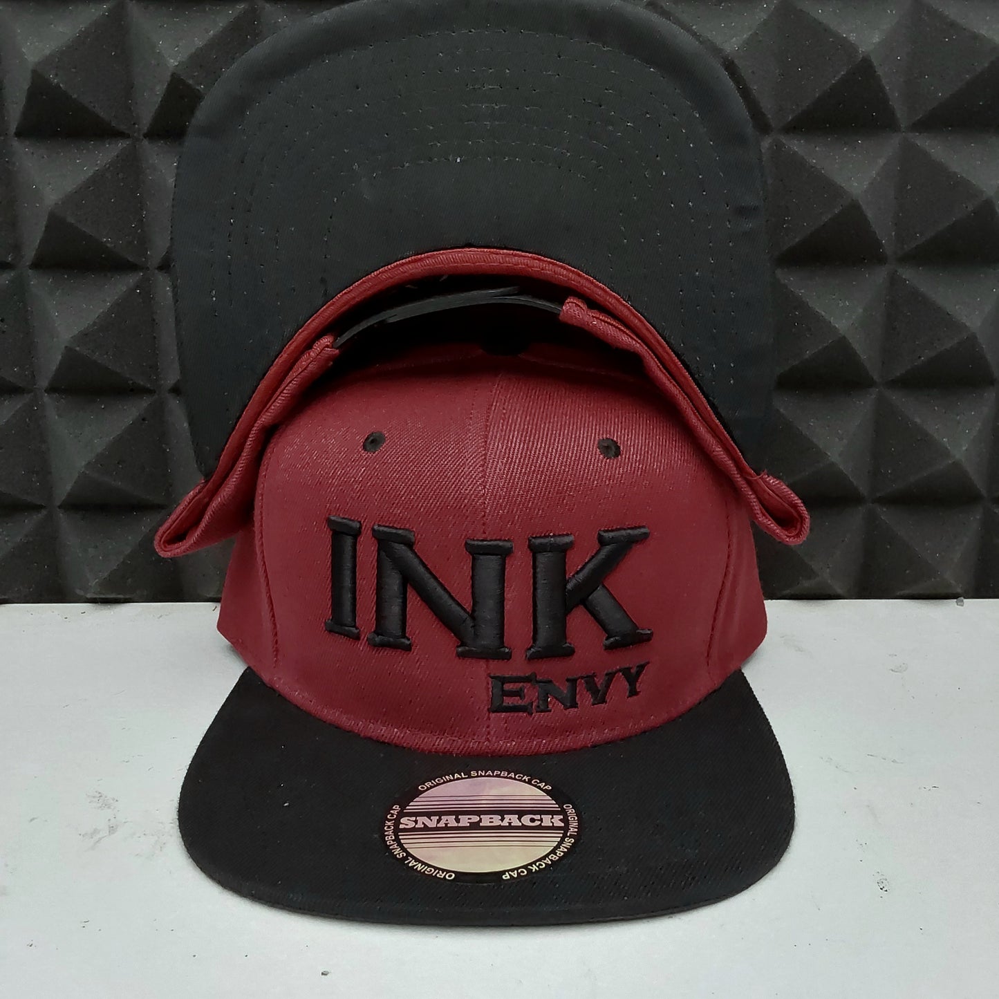 Snapback Bold INK Envy Black on Burgandy With Puff Lettering