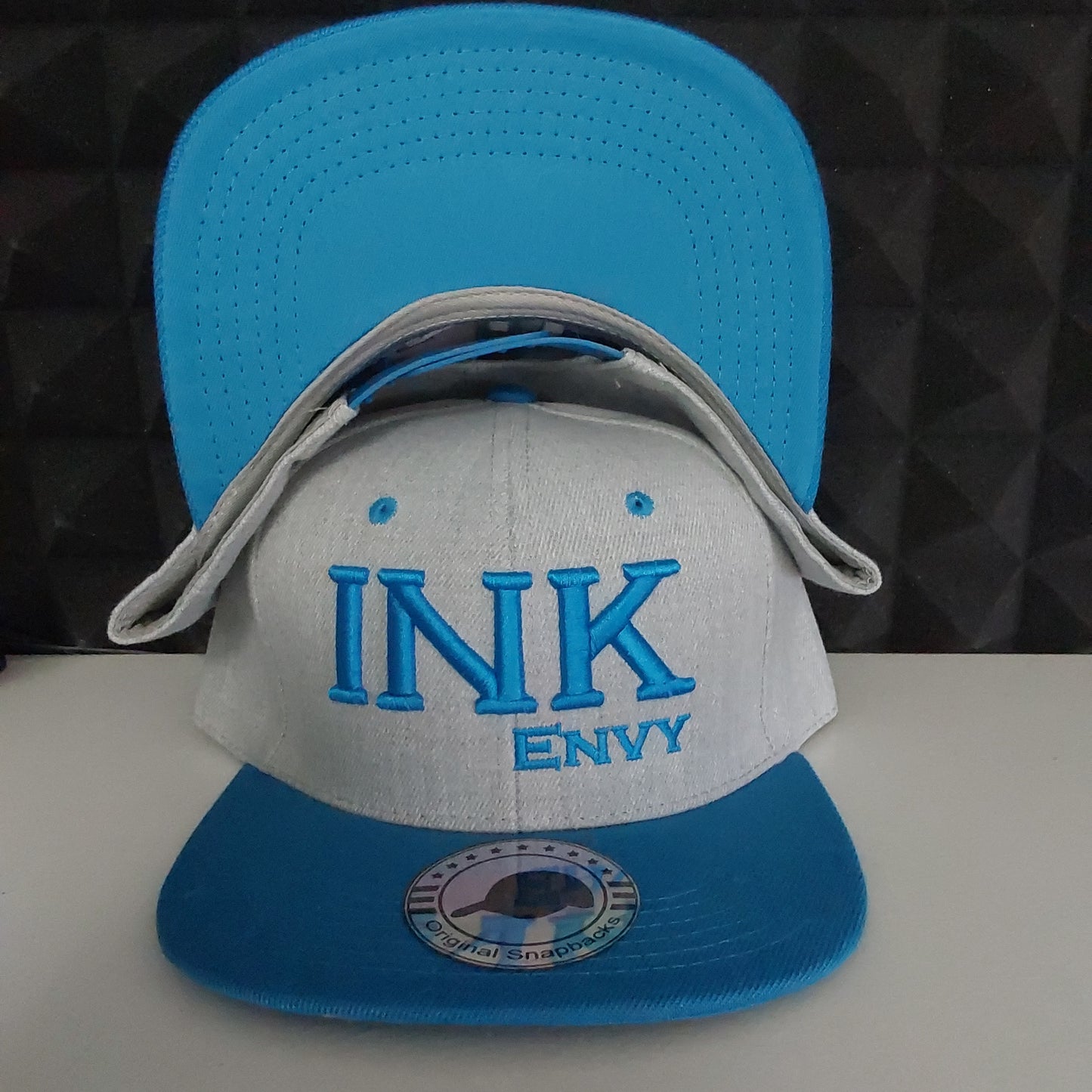 Snapback Bold INK  aqua on heather grey With Puff Lettering