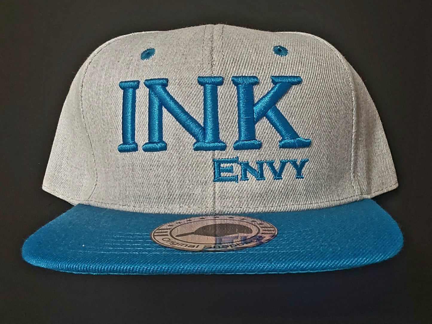 Snapback Bold INK  aqua on heather grey With Puff Lettering